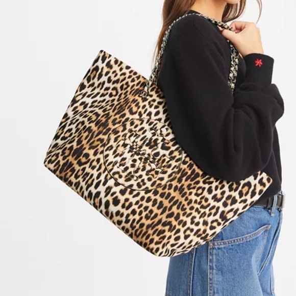 Tory Burch NWT Large Chain Leopard Printed Ella Tote Bag - Picture 1 of 12